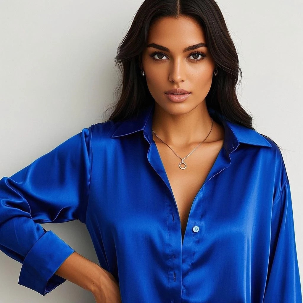 Korean Office Womens Trendy Casual Shirt Elegant Satin Multi Color Basic Ultra Thin Solid Full Match Top French Style 250422