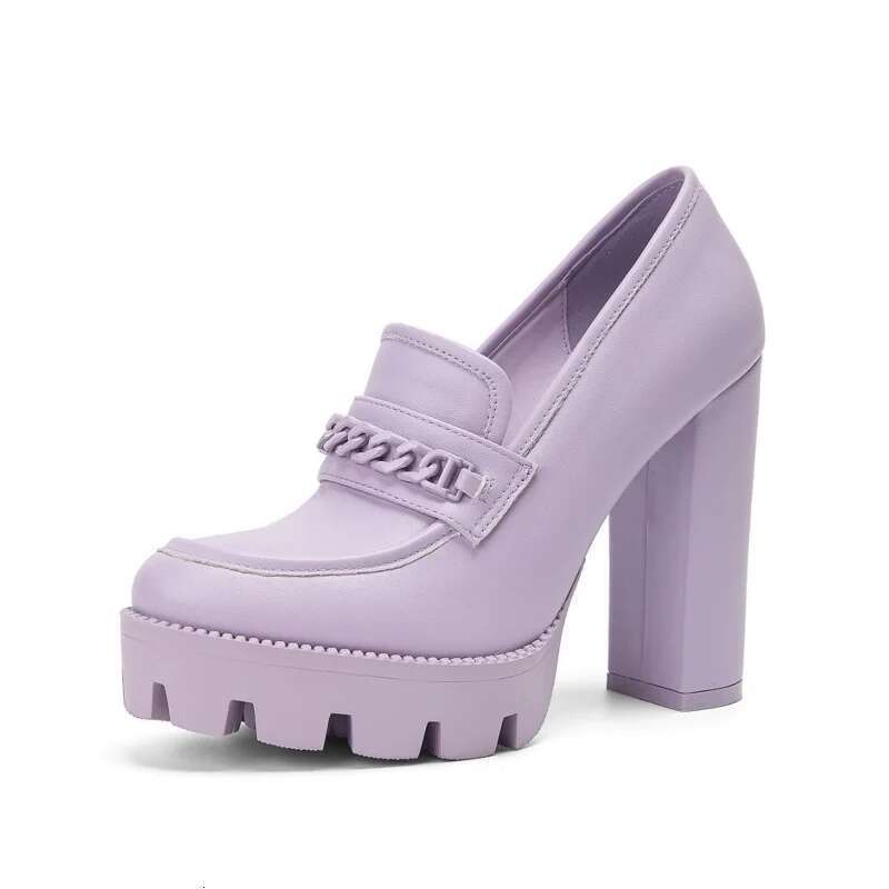 Metal Chain Single Fashionable Chunky Heel Casual Round Toe High Heels Platform Thick Soled Shoes Women