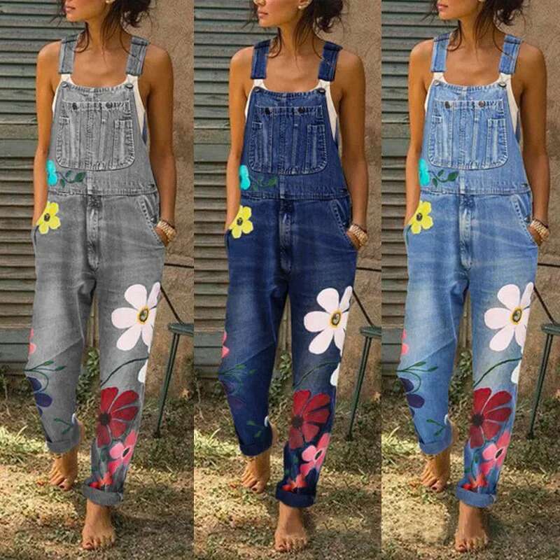 Overalls Women Jeans Long Pant Denim Pants Floral One Piece Suspenders Straight Trousers Splice High Waist Casual Autumn