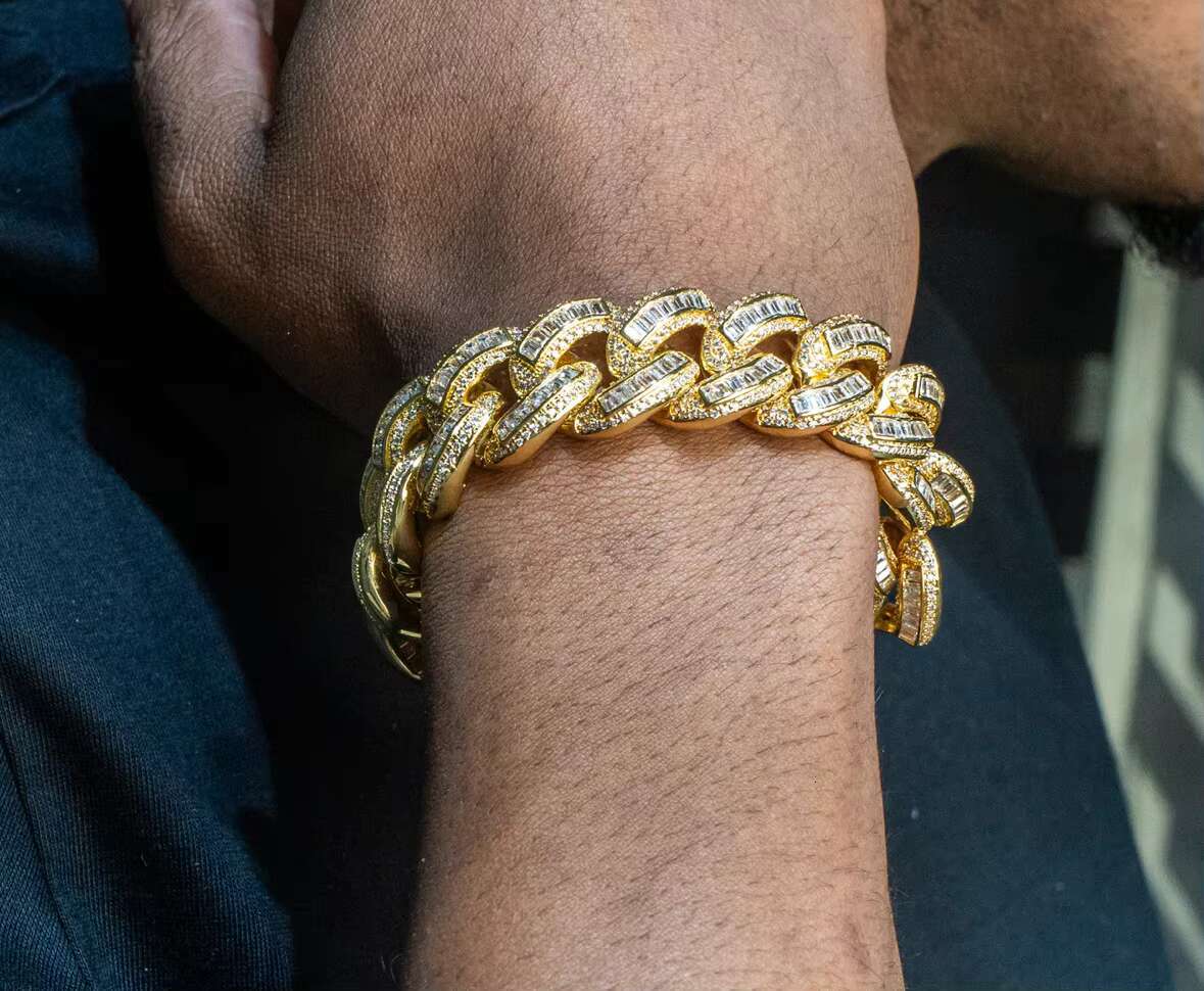 19MM Solid 925 Silver Hip Hop Cuban Link Chain Bracelet 18K Gold Plated with Studded VVS1 Moissanite Diamond Passes Tester
