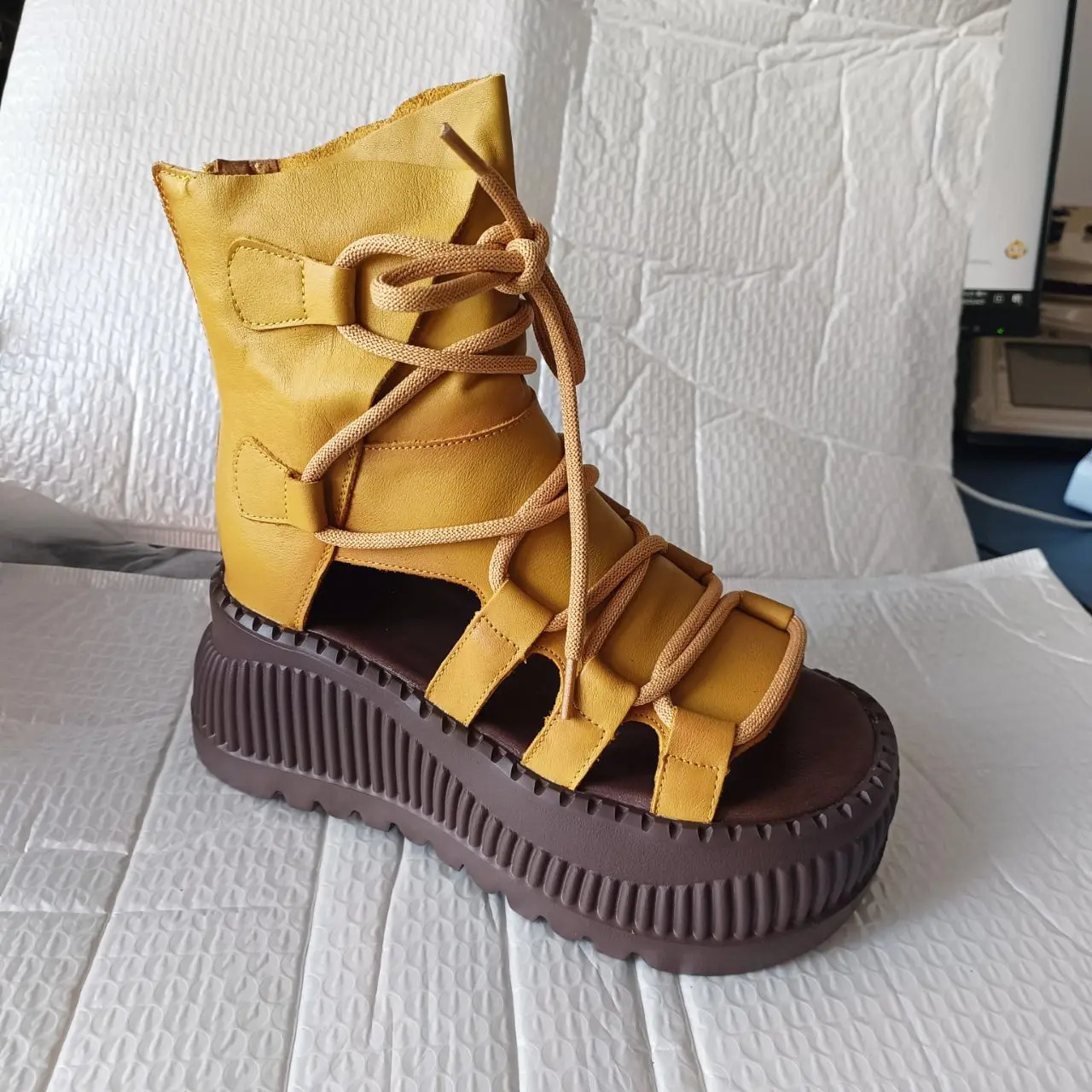 7.5cm Genuine Leather Women Sandals Loafer Shoes Platform Wedge Comfy Hollow ZIP Summer Rubber Peep Toe Retro Flats Ankle BootS 250428
