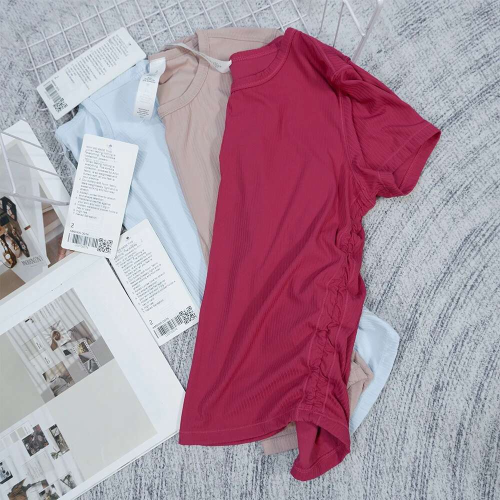 Waist Tied Sleeved Slim Fit Ribbed T-Shirt High Waisted Short Style Quick Drying Yoga Suit Outdoor Sports Summer Round