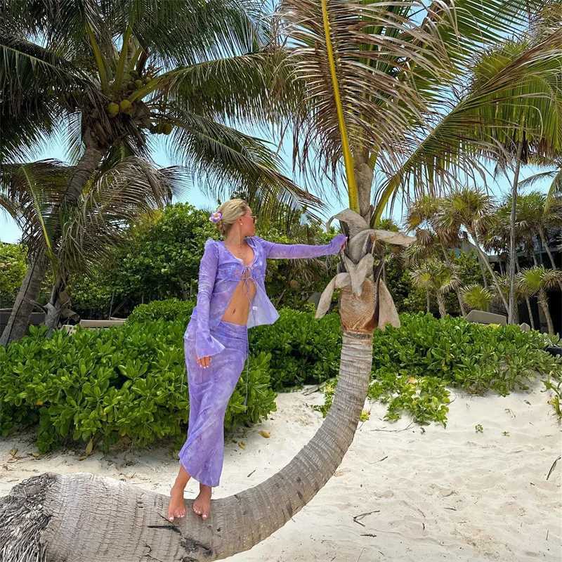 Printed Y2K mesh long sleeved top in green and Maxi Skirt Bodycon sexy two-piece beach set for womens club W250430