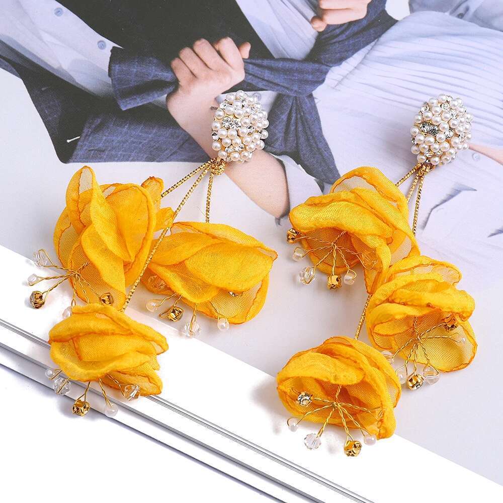 Elegant Fashion Yarn Flower Charm Decor Long Dangle Drop Earrings For Women Trend Female Unusual Wedding Party Jewelry