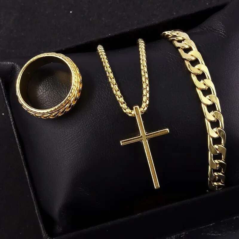 Hip Hop Fashion Cross Pendant Necklace Bracelet Chain Ring Men's Set Simple Personality Party Three Piece Jewelry Accessories