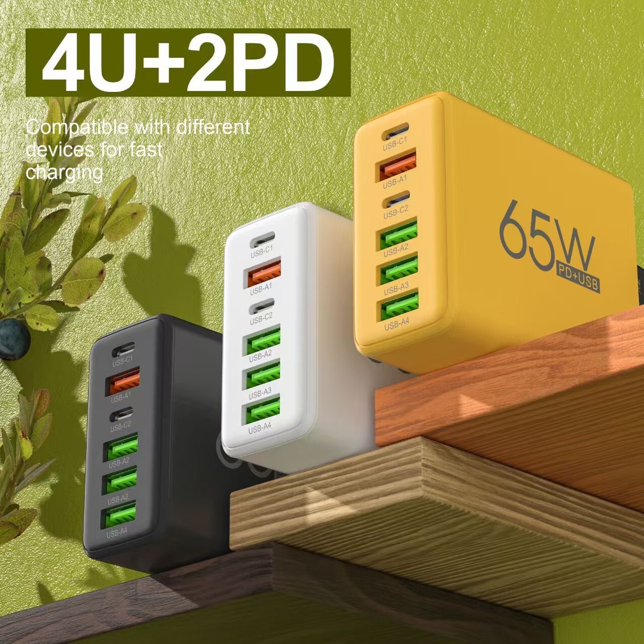 Multiple Ports 6 Block 4 USB And 2 Type-C 65W Port Charging Adapter Wall Charger Plug Fast