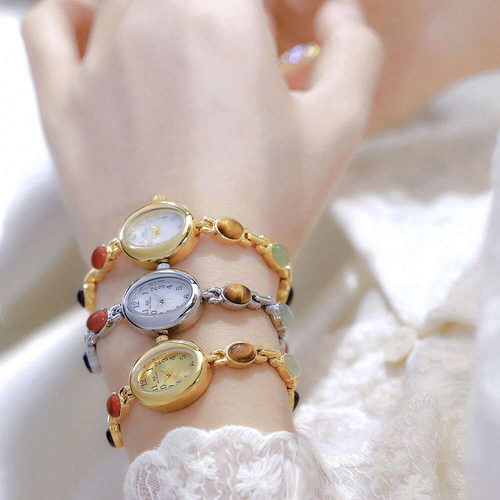 Women's Watch Vintage Natural Colorful Jade Bracelet Wristwatches Clock, Elegant Small Oval Dial Quartz Watch Waterproof