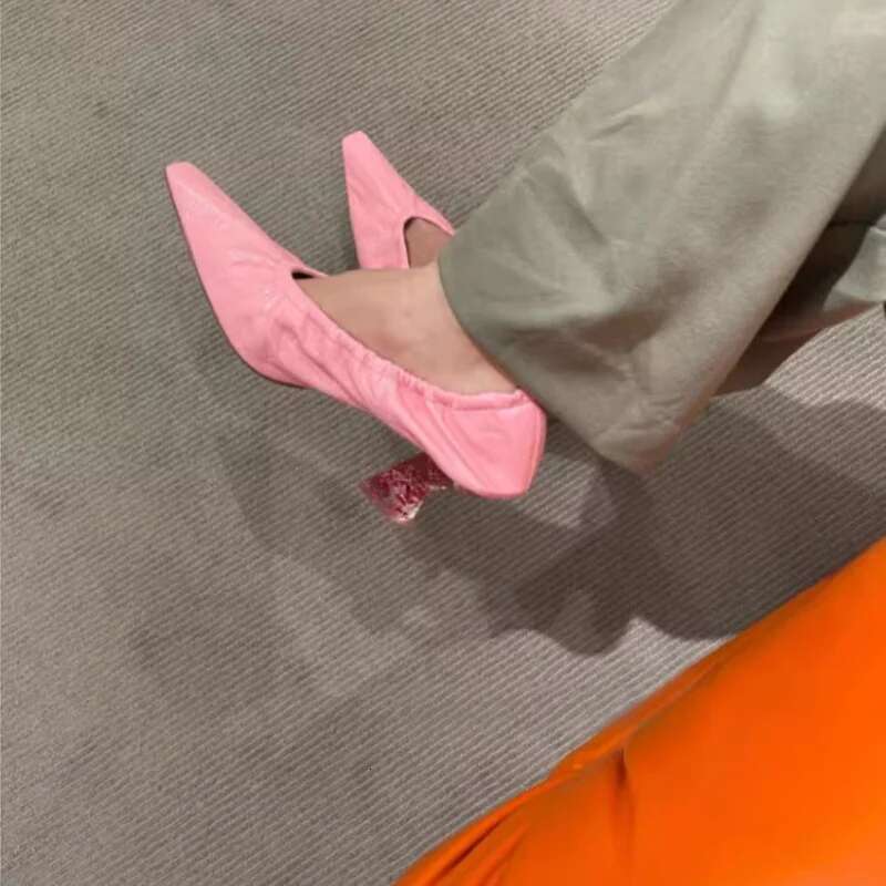 New Soft Sole Slip High Heels Crystal Heel Elastic Shallow Mouth Small Square Shoes Elegant Retro Women Sandal