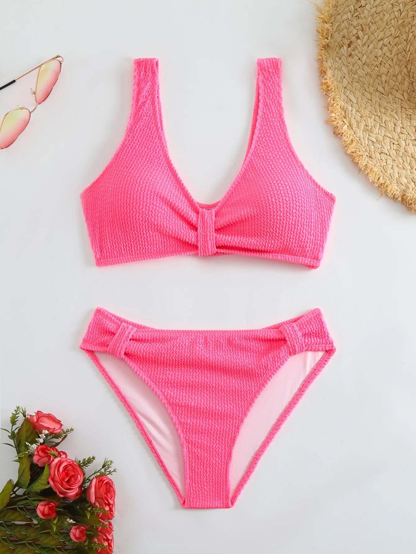 2025 Summer Womens 2 Piece Swimsuit Solid Color High Waist Bikini Set V-neck Backless Beach Vacation Bathing Suit Swimwear 250428