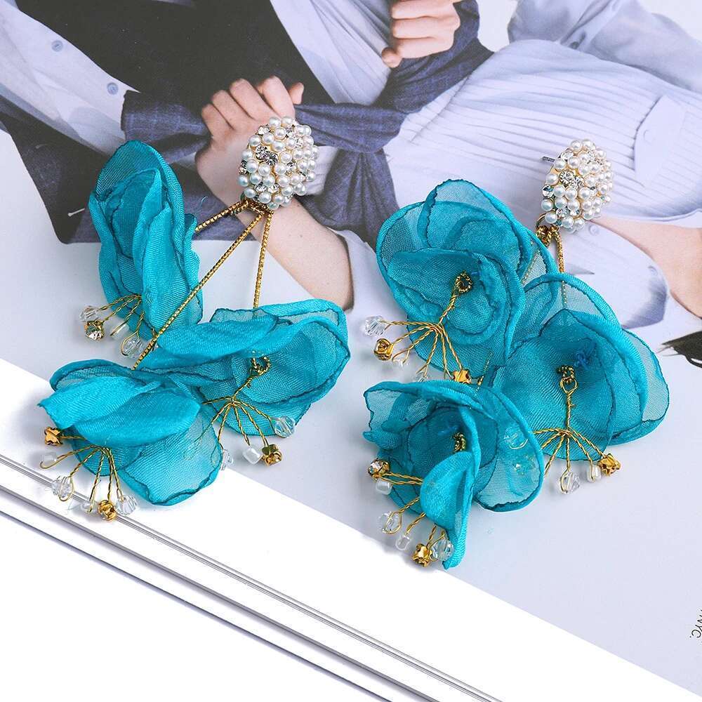 Elegant Fashion Yarn Flower Charm Decor Long Dangle Drop Earrings For Women Trend Female Unusual Wedding Party Jewelry