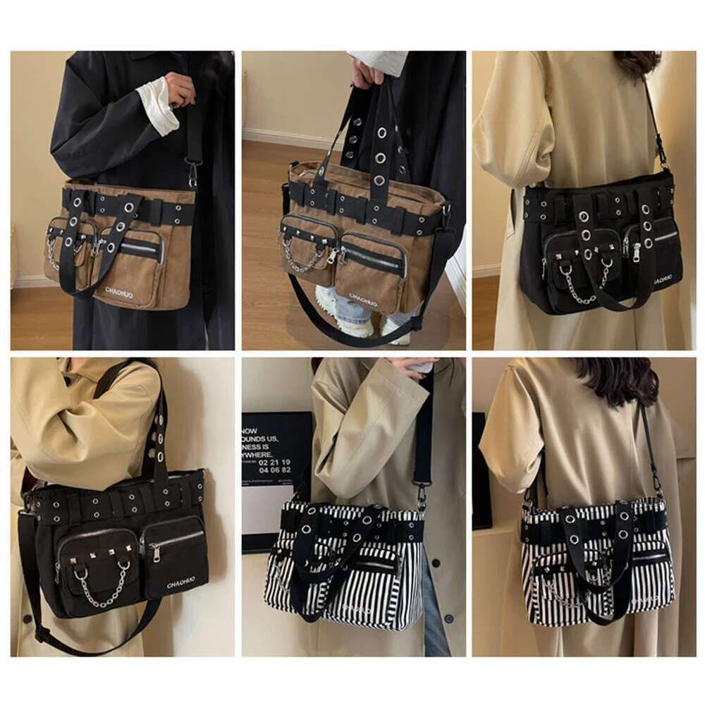 designer bag Women Rockabilly Shoulder with Chain Canvas Rivet Tote Handbag Zipper Closure Punk Style Sling Rock Girls Daily Bag