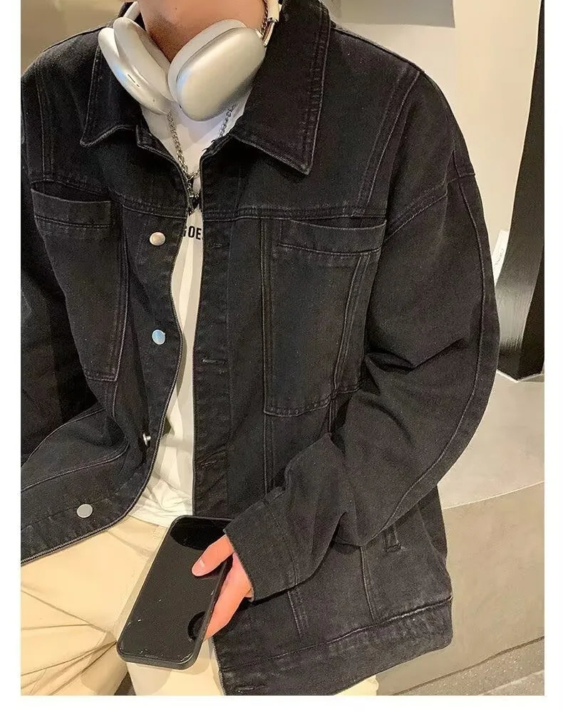 mens denim jacket for autumn and winter warm wool lining slim fit button up front vintage fashion 250428