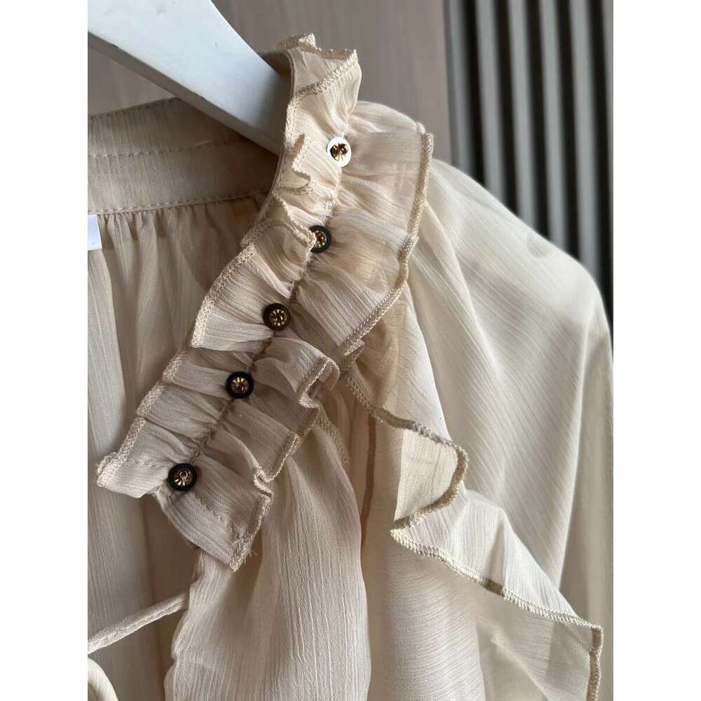 ETJ Spring 2025 New traf Women's Fashion Translucent fabric beaded rivets decorated V-neck lace ruffled romantic shirt