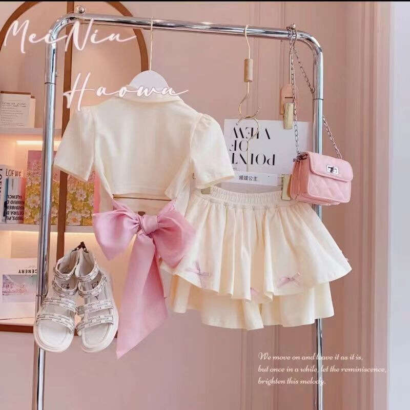2025 Summer New Set, Children's Western Cartoon T-Shirt, Two Small Girls' Dresses