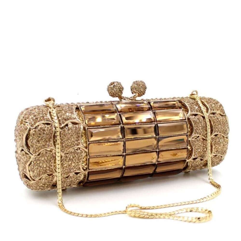 Dinner Bag Alloy Metal Studded Diamond Dinner Gold Apricot Blossom Brown Glass Hand Held Cylindrical Bag Club Bag KQ