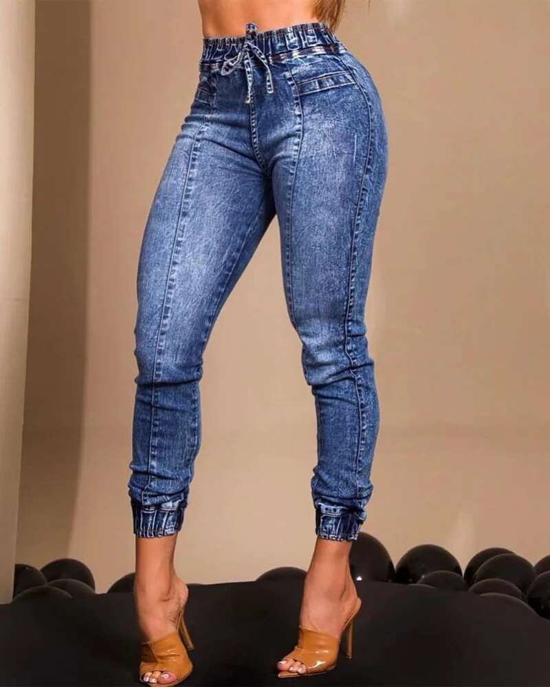Women Jeans Elastic Waist Solid Color Pencil Pants Pockets Streetwear Casual Slim Fit High Street Flat Zipper summer Autumn