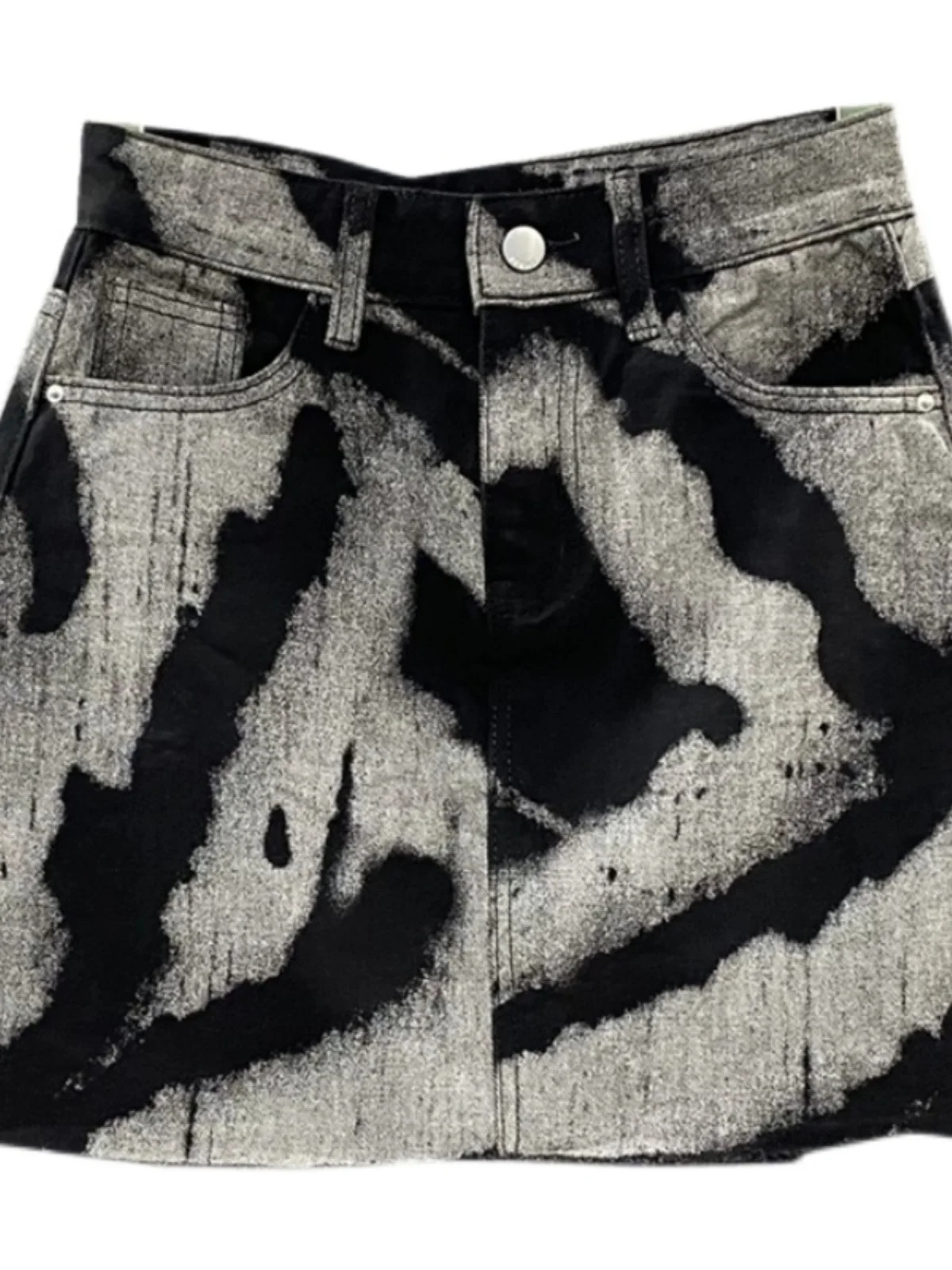 Black Gray Tie Dye Denim Short Skirt High Waist Personalized Pattern Denim Skirt Fringed A-line Skirt Fashion Versatile Skirt 250421