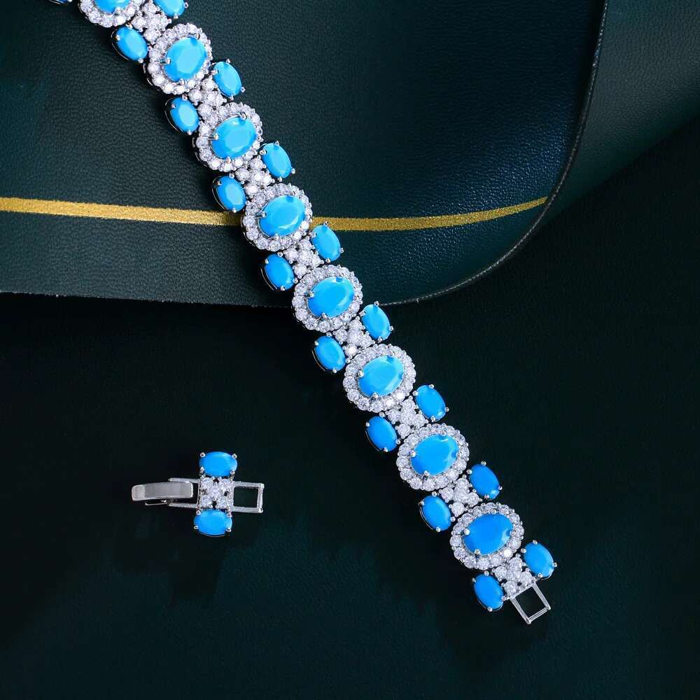 Threegraces 2024 New Blue Turquoise Geometric Link Chain Bracelet For Women Bohemian Wedding Bridal Party Jewelry Br404