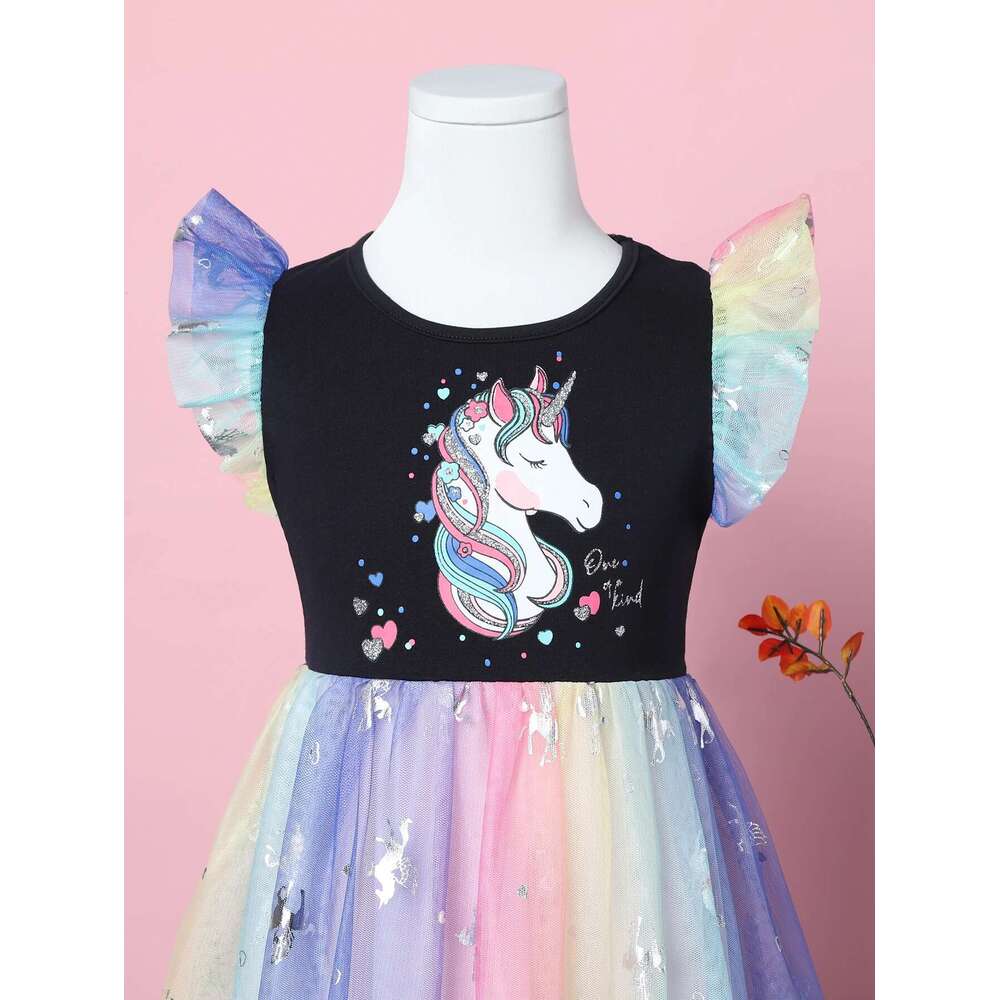 Girl's Summer Cartoon Unicorn Print Rainbow Mesh Splice Princess Birthday Party Sleeveless Dress Sh1791