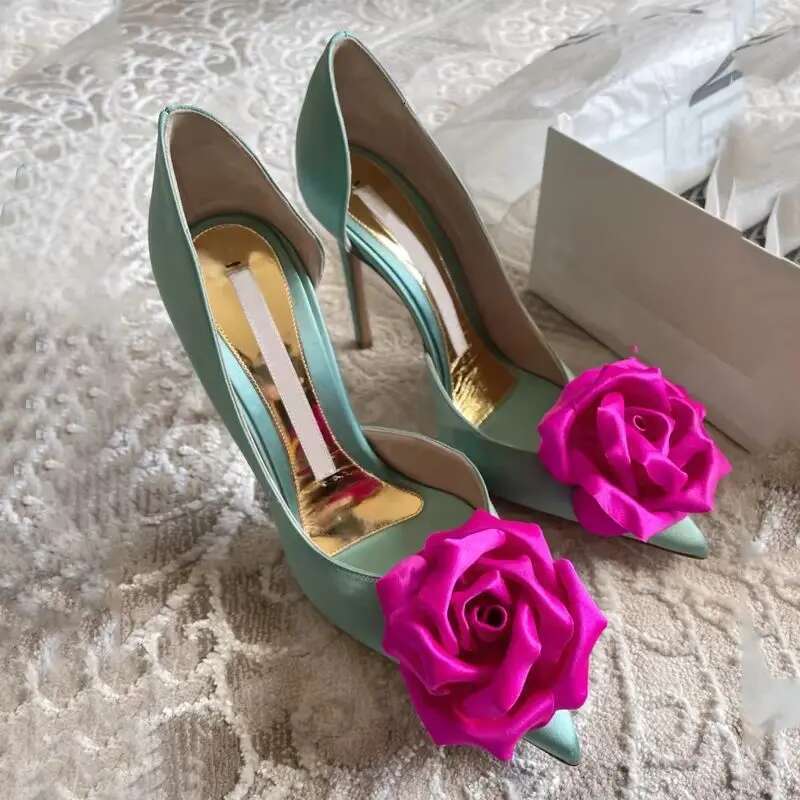 Spring and summer new pointed side empty satin rose flower single shoes thin high-heeled banquet dress versatile women's sandals