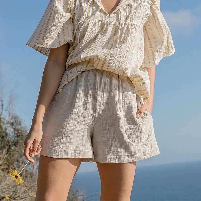 Leisure 100% cotton high-z fine grain womens summer shorts elastic high waist wide leg sports beach shorts with pockets 250427