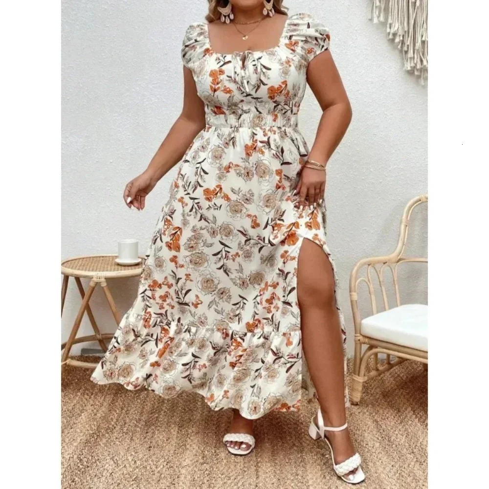Suitable for outdoor white floral casual dress plus size womens floral elegant loose summer outfit fob 250425
