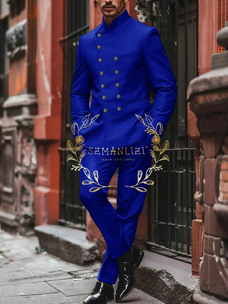 Light Grey Mens Ball Set Double Chest Stand up Collar Slimming Wedding Dress Fashionable 2piece Jacket Pants 250428