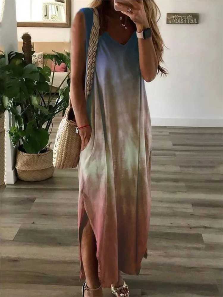 Gradient tie dye printed long sleeved womens fashionable casual V-neck loose seam vest womens summer A-line vest W250430
