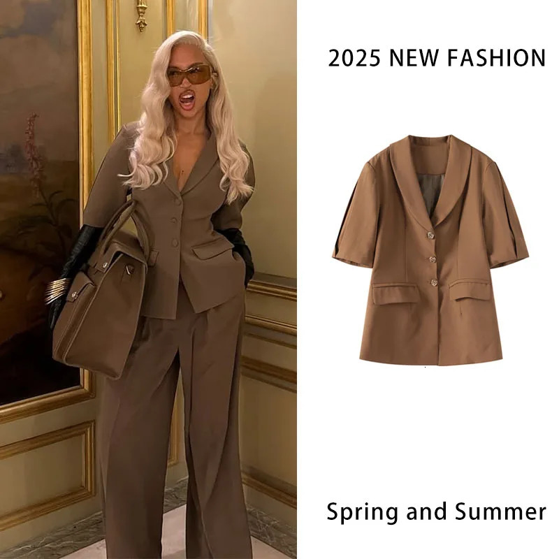Vneck suit jacket for women ultrathin short sleeved solid color commuting lapel casual minimalist top springsummer 250428