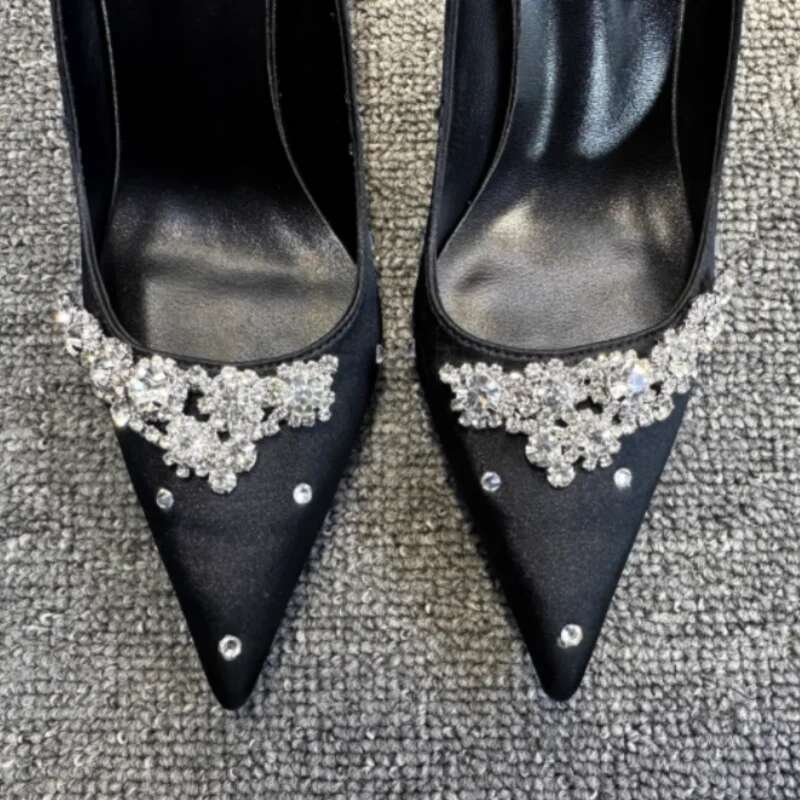 Fashion Designer Rhinestone High Heels Slip Pointed Women Metallic Decorated Shoes Banquet Stiletto Hee