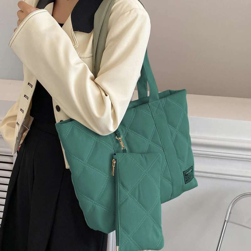 Women Handbag Fall/Winter Fashion Rhombus Space Nylon Suit Shoulder Large Capacity Solid Color All-Match Shopping Tote Bag