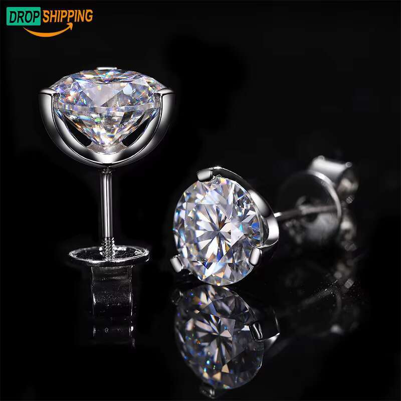 Unique 3 Prong Low Angle Setting VVS Moissanite Diamond Stud Earrings Nonallergic 925 Sterling Silver Ear Rings for Men Women