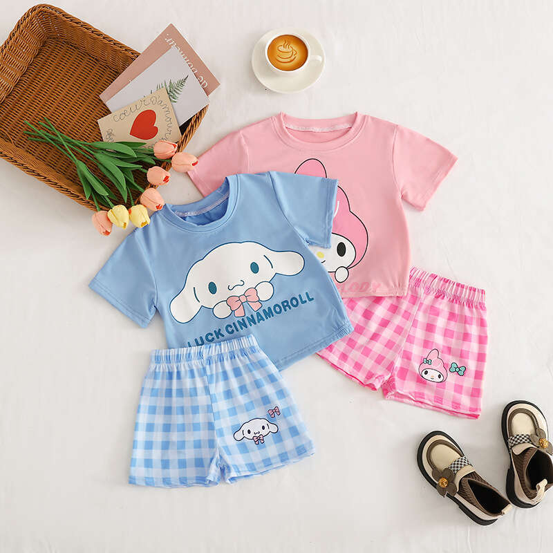 Summer Outfit New 2025 Girls' Casual Cartoon Baby Cute Loose Shirt Plaid Shorts Set