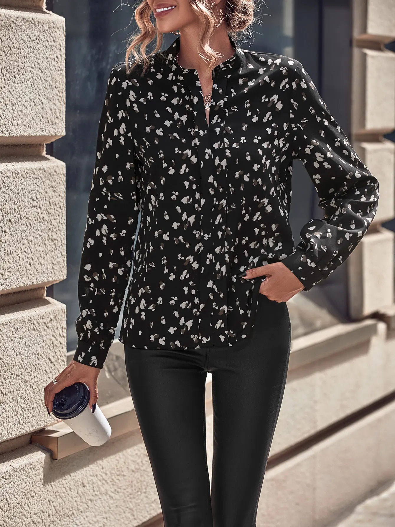 Casual and elegant loose Vneck leopard print fabric with open cuffs forked multi colored autumn winter womens shirt 250422