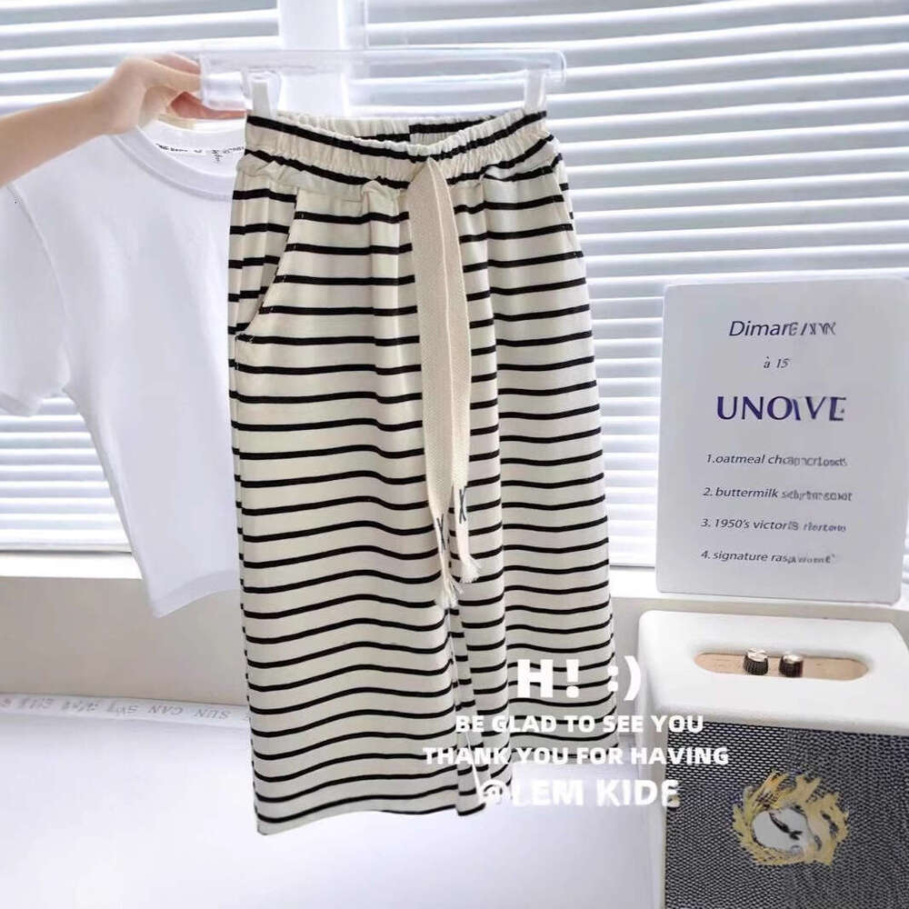 Baby Fashionable Two-Piece Summer New Item Girl Korean Version Letter Short Sleeved Striped Wide Leg Pants Casual Set