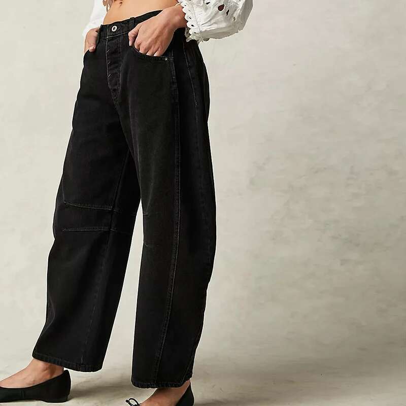 Wide Leg Woman Casual Loose Y2K Low Waist Pants Boyfriend Cropped Barrel Baggy With Pockets Denim Jeans