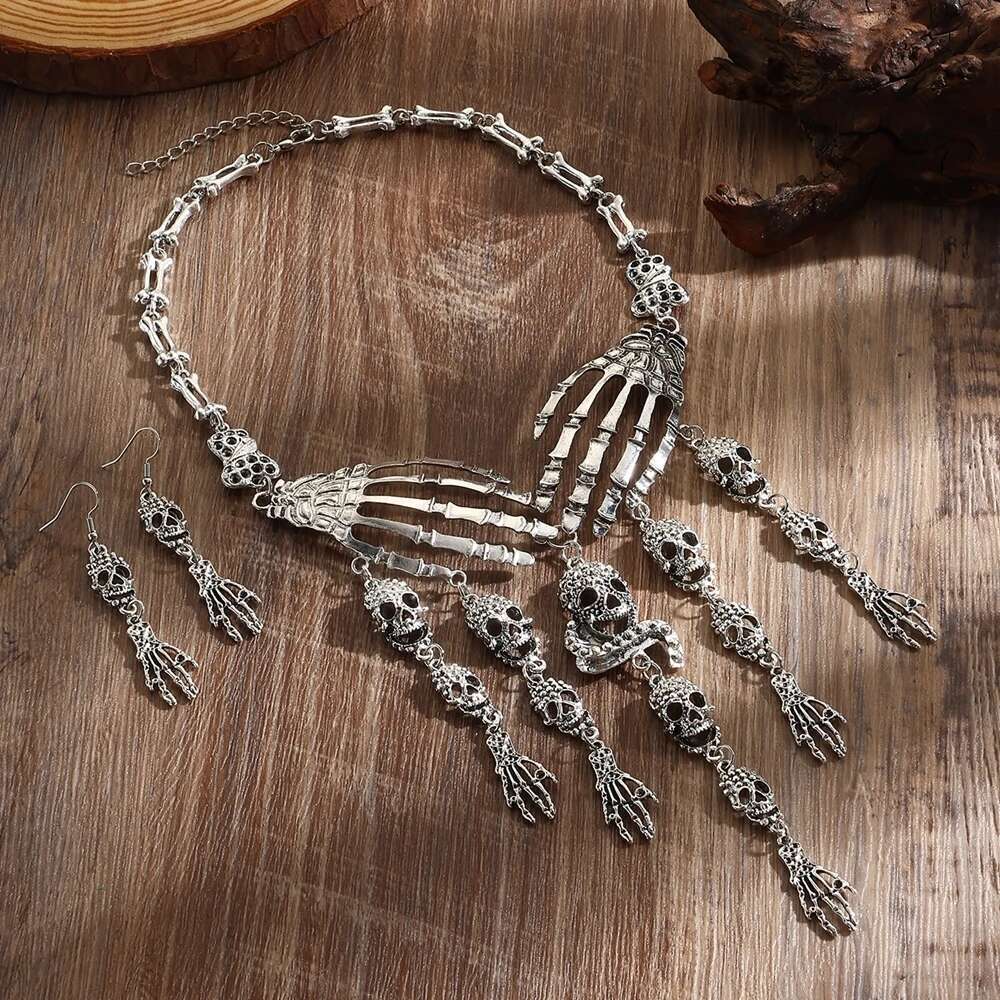 New Halloween Jewelry Gothic Punk Vintage Metal Ghost Hand Skull Necklace And Earring Set For Women Party Accessories