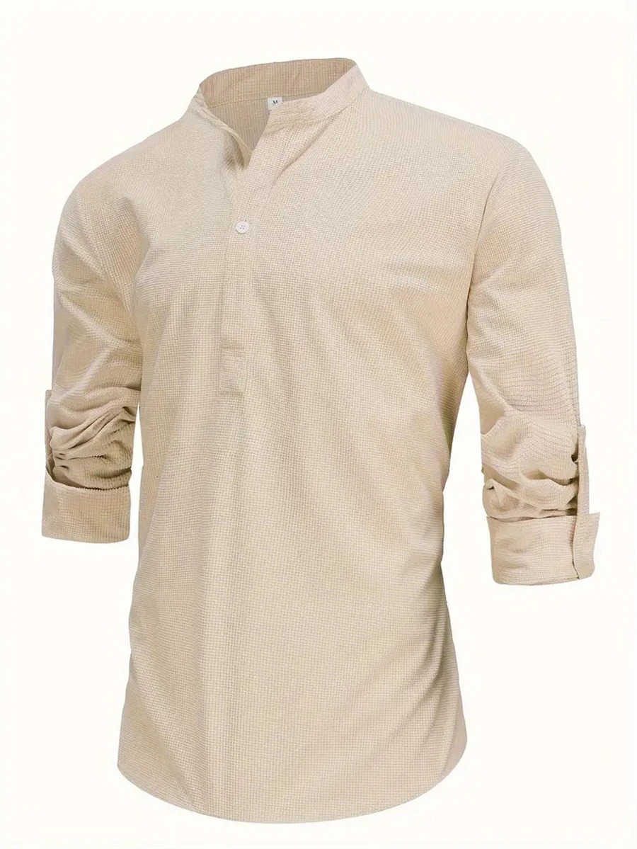 Spring and Autumn Casual Shirt Loose Mens Solid Color Long Sleeve Waffle Button Vintage Large Size 250427