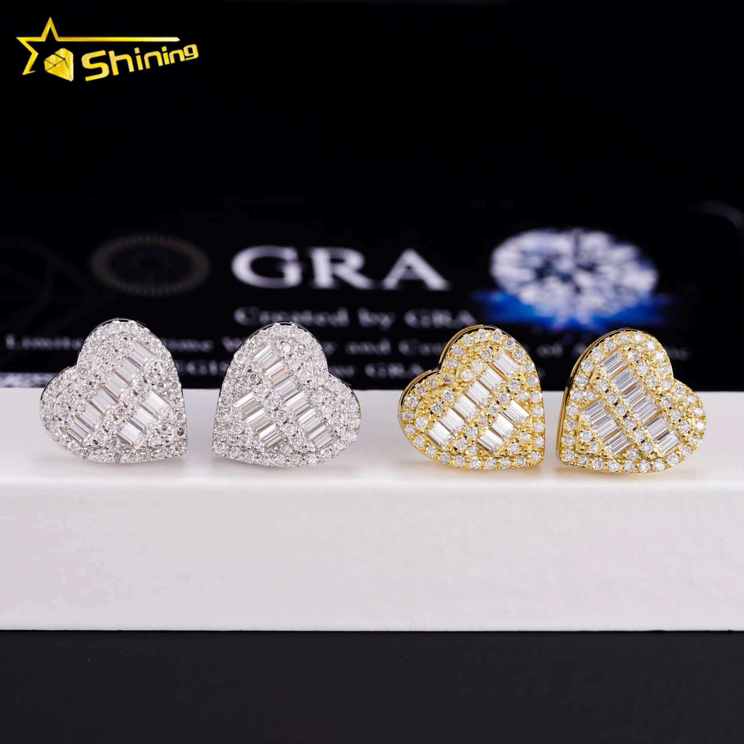 Baguette Moissanite Earring S925 14K Gold Plated Heart Shape Stud Screw Back Hot Sale Fashion Earring Jewelry