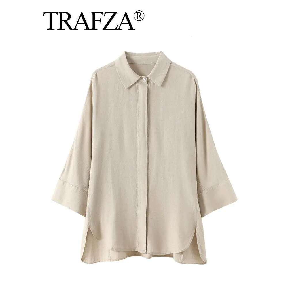 TRAFZA Women Fashion Solid Blouse Single Breasted Long Sleeve Lapel Shirts Casual Loose Female Commuting Chic Top