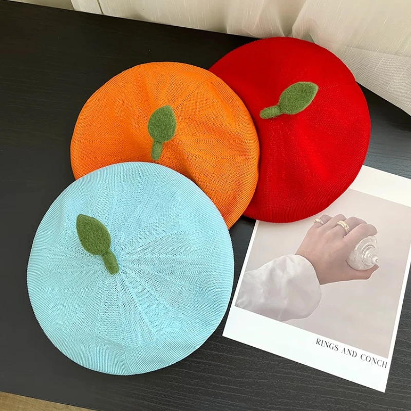 Japanese Cute Orange Shape Breathable Mesh Beret Womens Summer Fashion Edition Sweet Knitted Paint Hat Y2K 250430