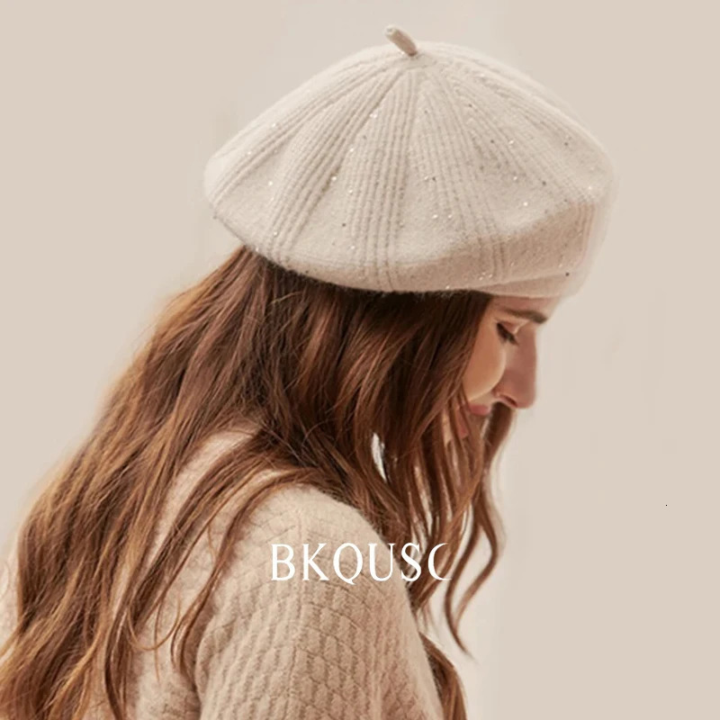 Fashion sequined velvet knit beret womens spring and winter hats warm and soft wool knit elegant artist beret 250430