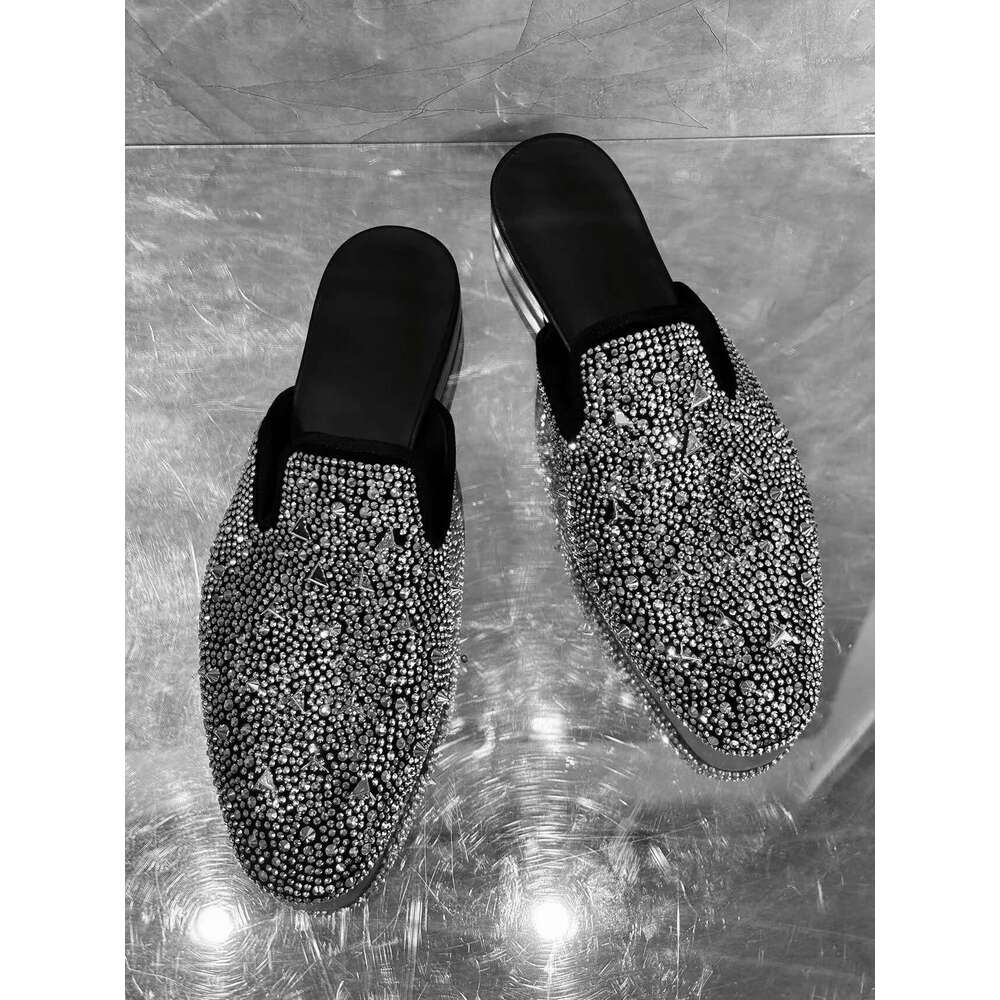 Rhinestone Men's Outdoor Slippers Slip-on Sier Glitter Sandals Flat Bottom Comfortable Men Shoes