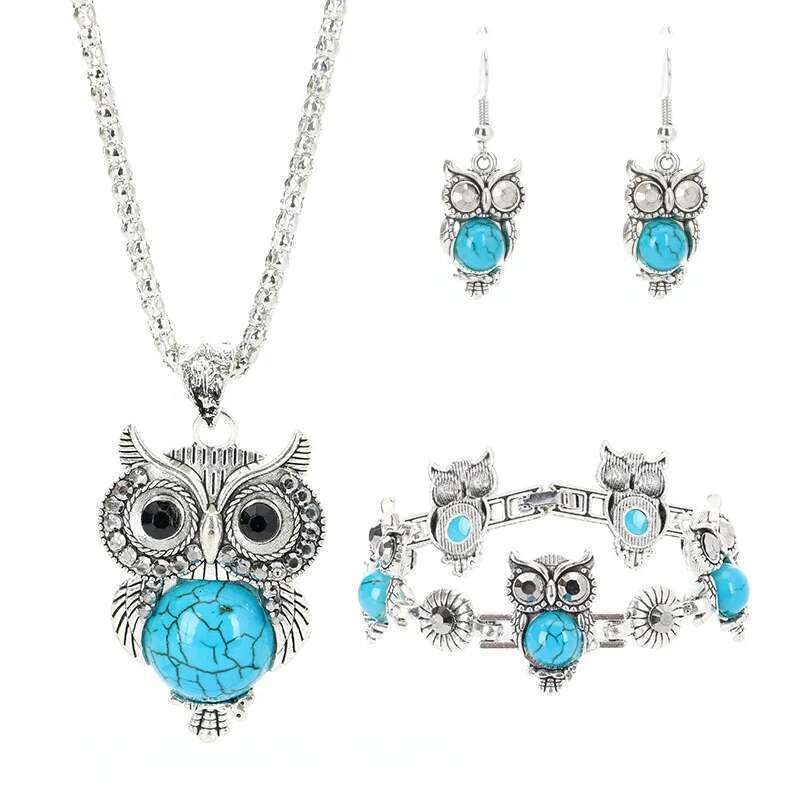 European And American Retro Set Ethnic Style Turquoise Owl Pendant Inlaid Earrings Necklace Bracelet Women's Jewelry