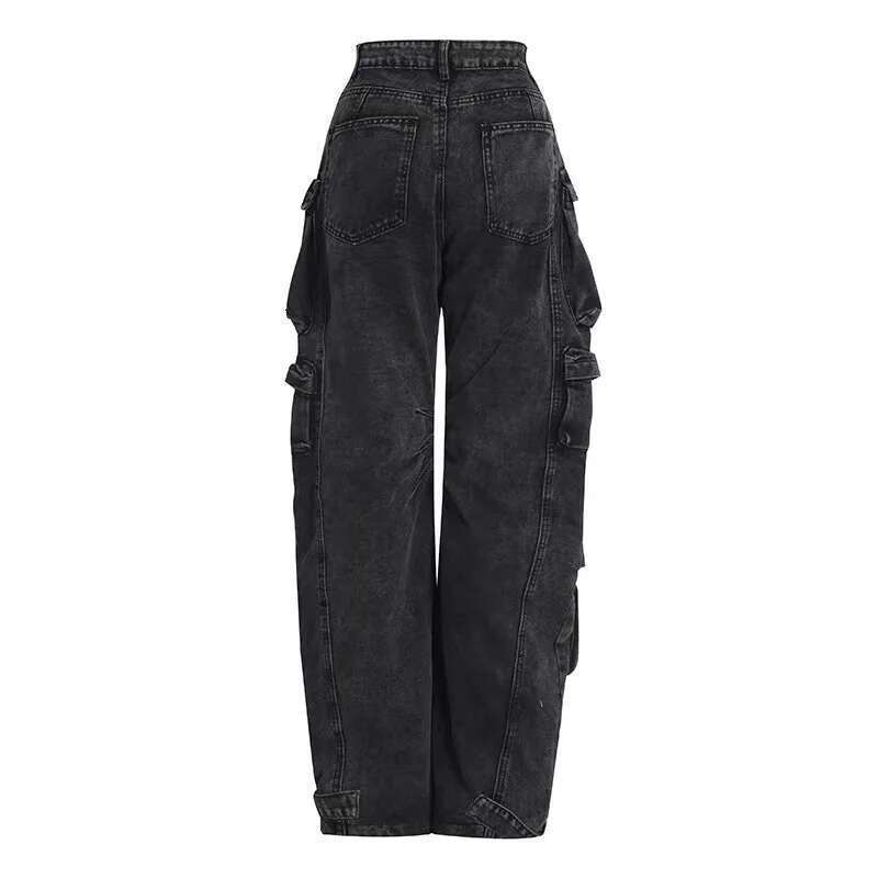 Trendy Women's Denim Workwear Street Style Black & Grey Multi-Pocket Jeans | American Casual High-Waist Functional Design