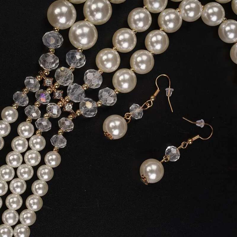 New Fashion Multi-Layer Handmade Imitation Pearl Crystal Beaded Necklace And Earring Jewelry Set For Women Party Accessories