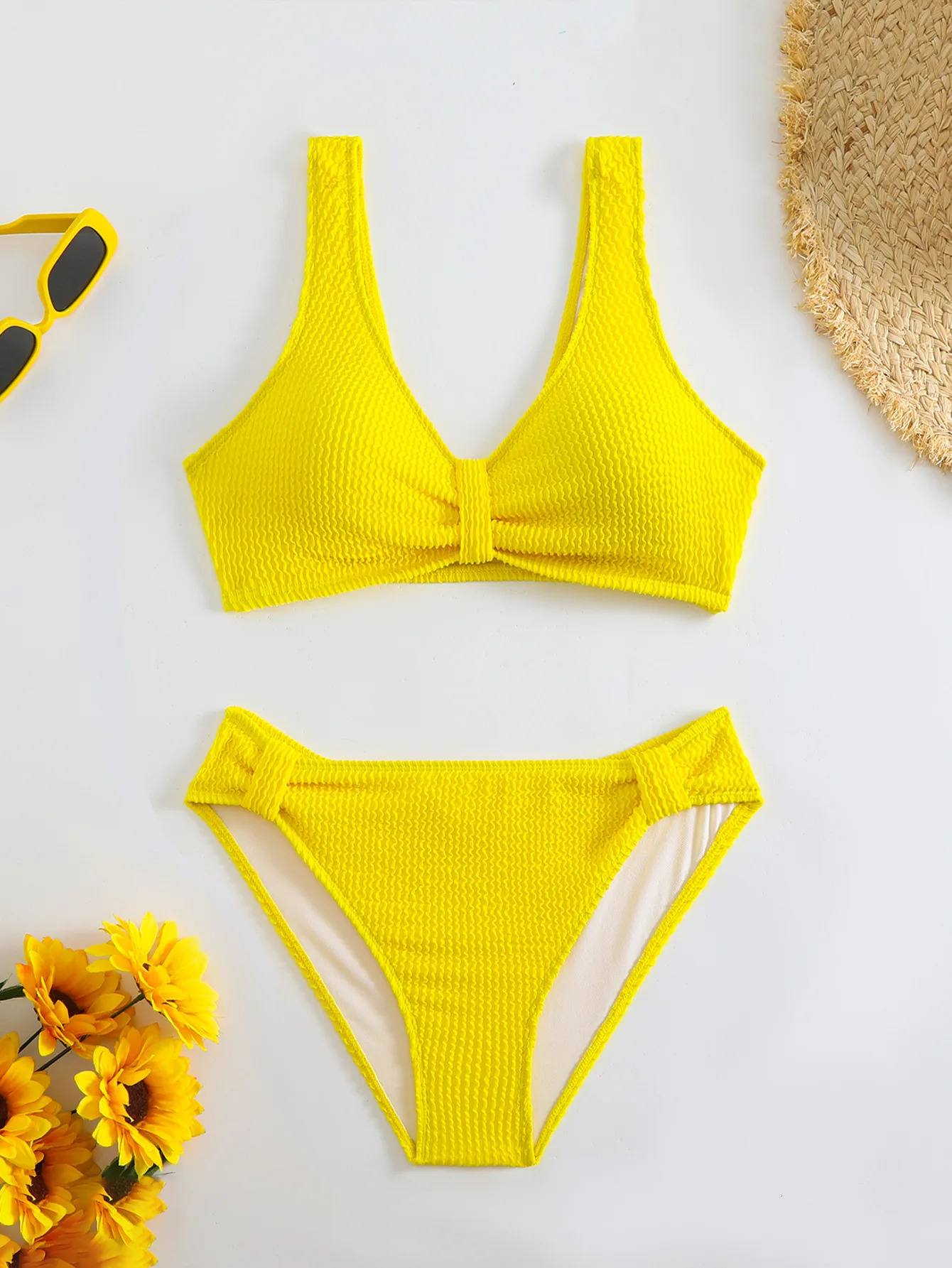 2025 Summer Womens 2 Piece Swimsuit Solid Color High Waist Bikini Set V-neck Backless Beach Vacation Bathing Suit Swimwear 250428