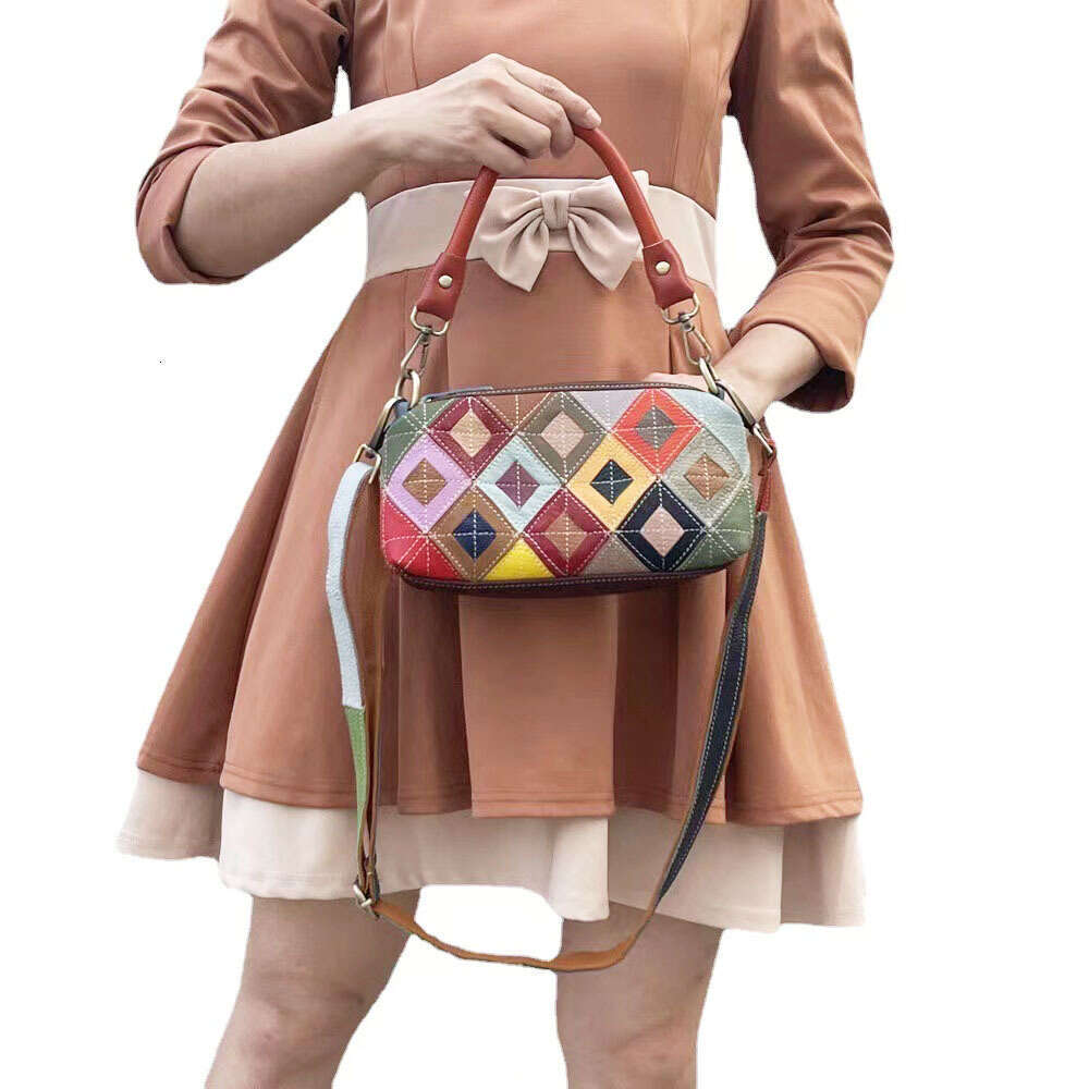 designer Women's bag Fashionable women's armpit colorful genuine leather checkered spliced mobile phone bag, hand-held crossbody bag