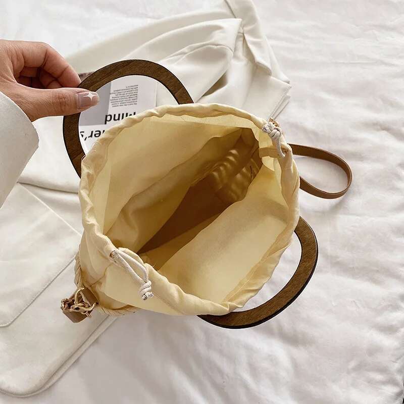 JIOMAY Straw Summer 2023 Women Tote Bags Designer Handbags Purses Weave Drawstring Closure Wooden Handle Beach Shoulder Bag