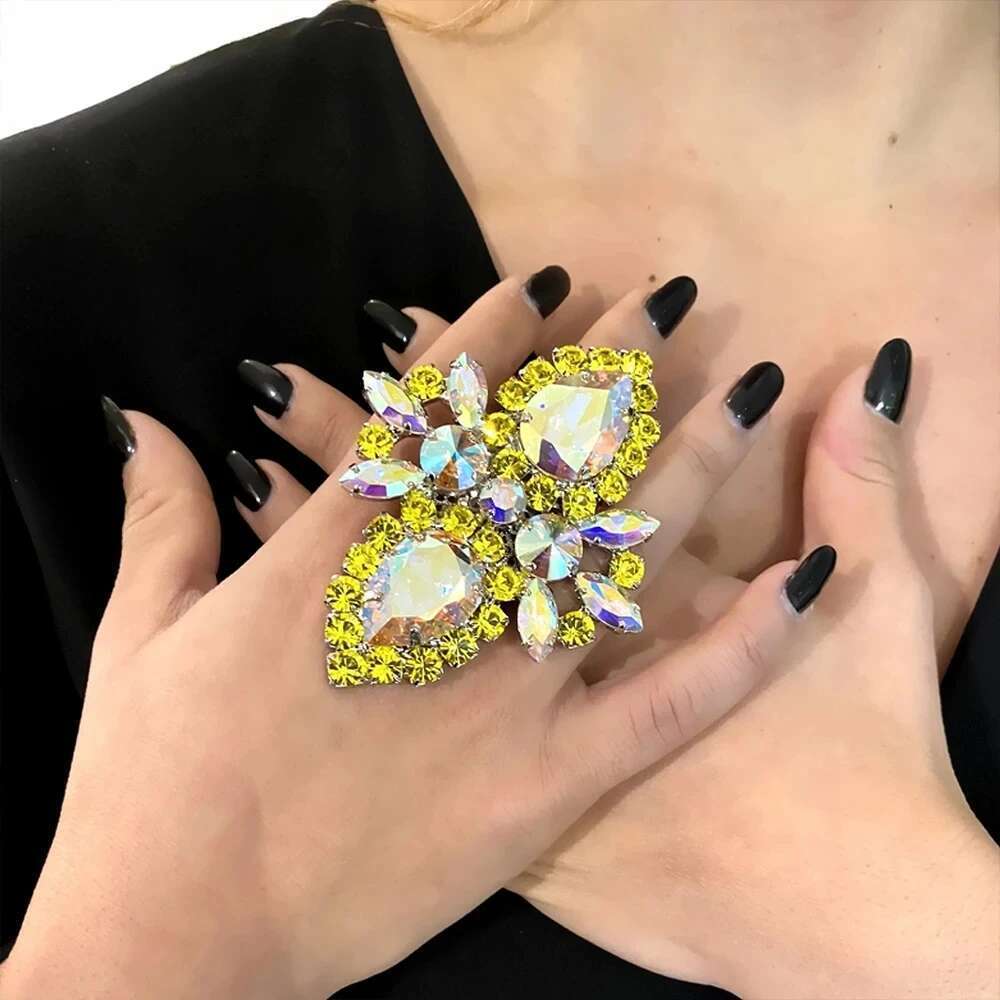 Stonefans Exaggerated Yellow Rhinestone Necklace Ring Set For Women Summer Accessories Bridal Jewelry Sets Wedding High Quality